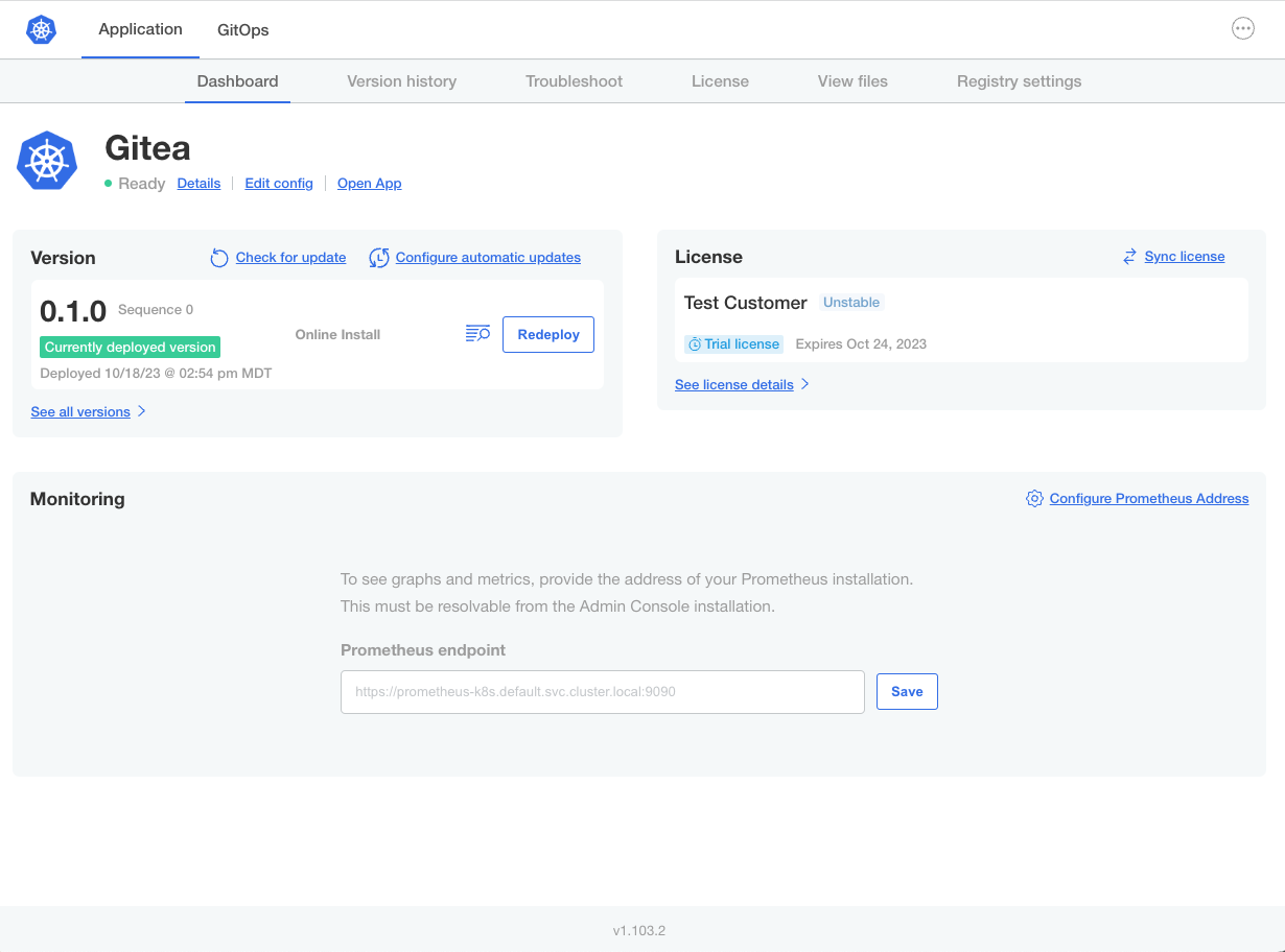 Admin console dashboard showing ready status